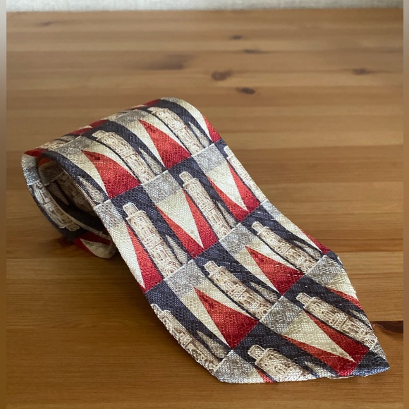 Ermenegildo Zegna Red Blue Cream Tower Pattern Abstract 100% Silk Tie - Picture 1 of 10